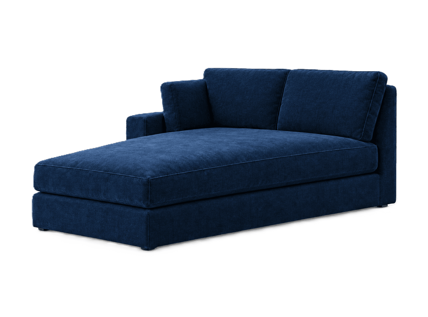 A modern chaise lounge upholstered in deep blue fabric, featuring a single armrest on the left side,… — 3D model