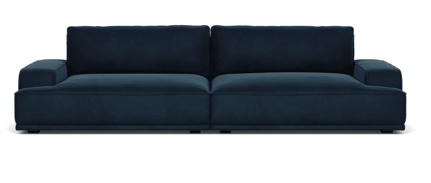 A modern, deep navy blue upholstered sofa with a low profile and plush cushions. It features clean l… — free GLTF 3D model