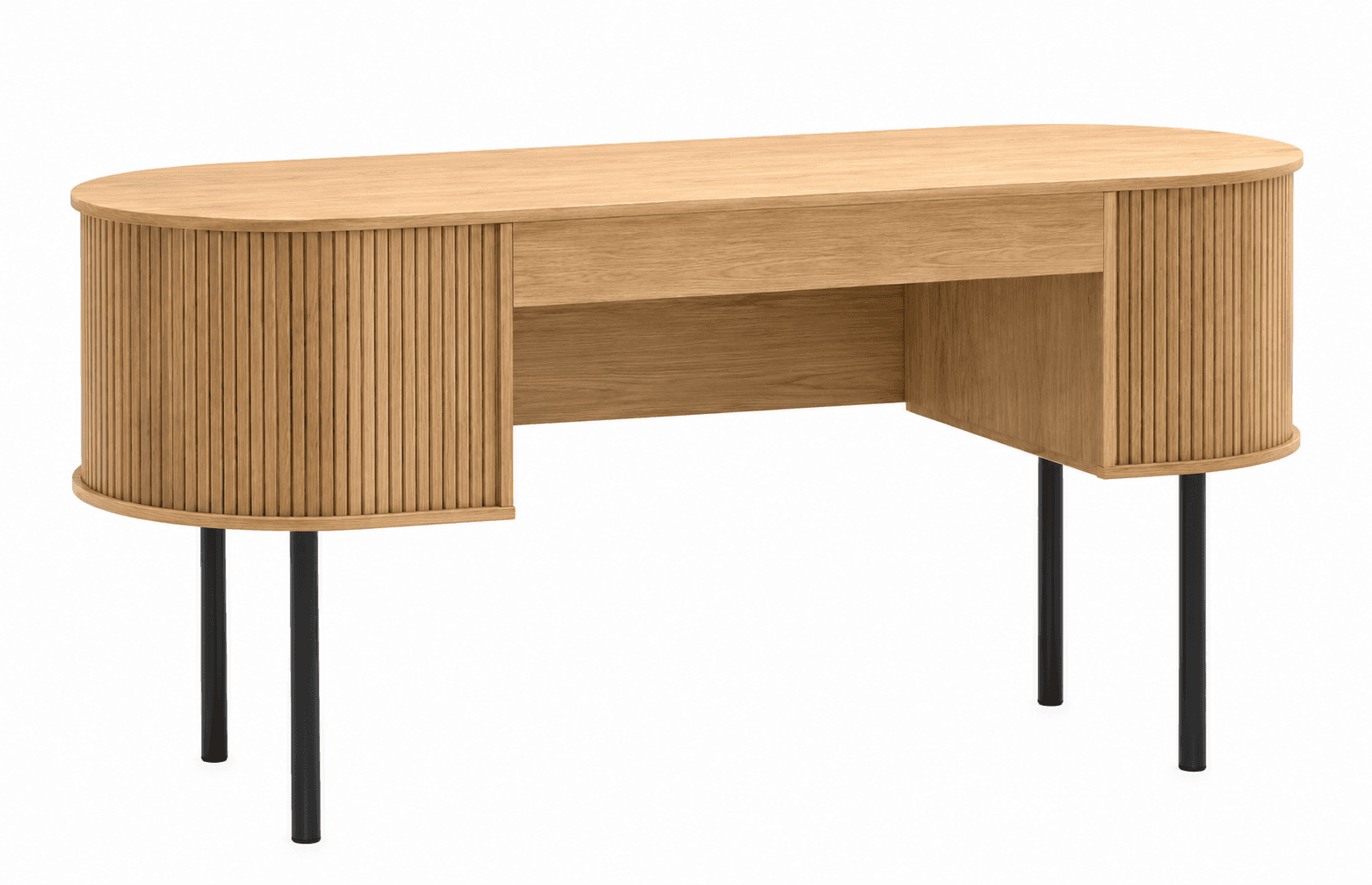 An oval-shaped desk constructed from light-colored oak wood, featuring distinctive reeded (fluted) s… — 3D model