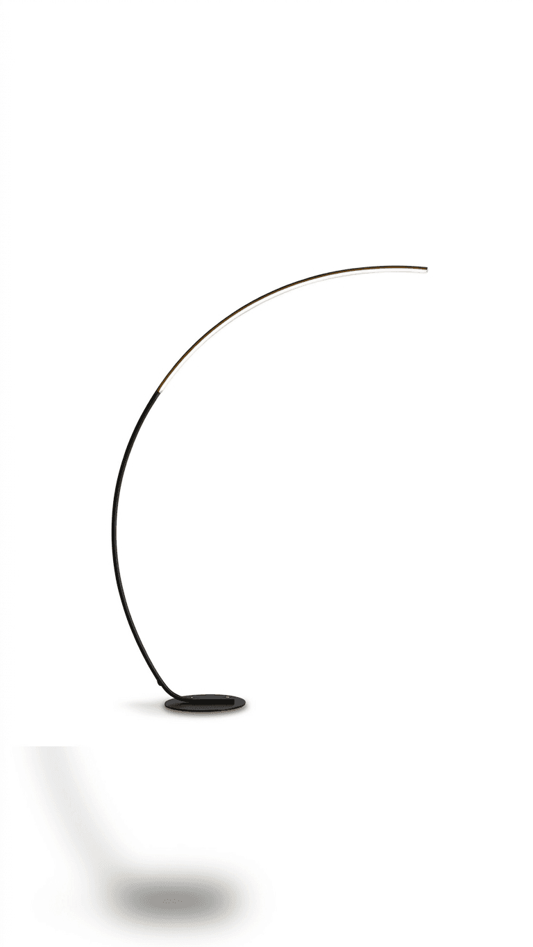 A sleek, modern floor lamp characterized by its minimalist design, featuring a slender, arcing black… — 3D model