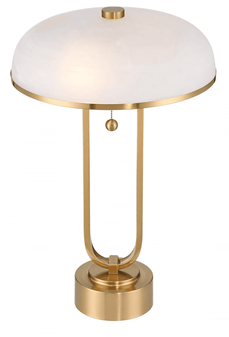 A table lamp with a rounded, white opaque shade and a gold-toned metal base and frame. The shade is… — free OBJ 3D model