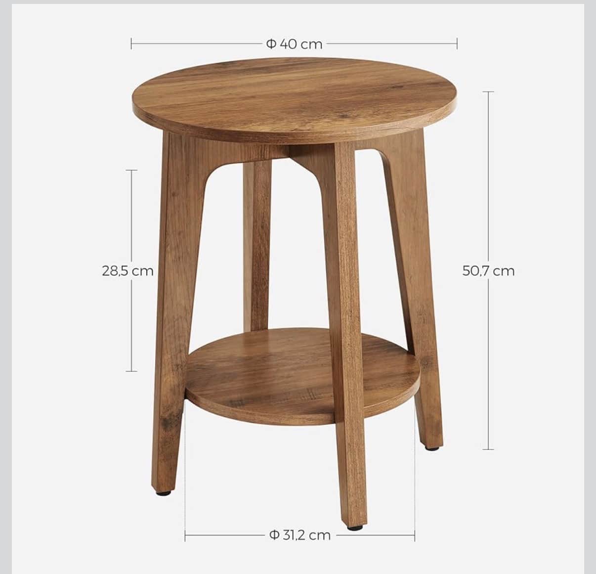 A round wooden side table featuring a natural wood grain finish, three splayed legs, and an addition… — 3D model
