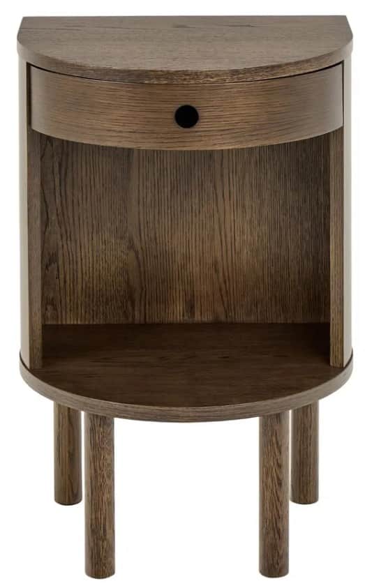 A semicircular wooden nightstand with a single drawer and an open shelf below. It is supported by fo… — 3D model