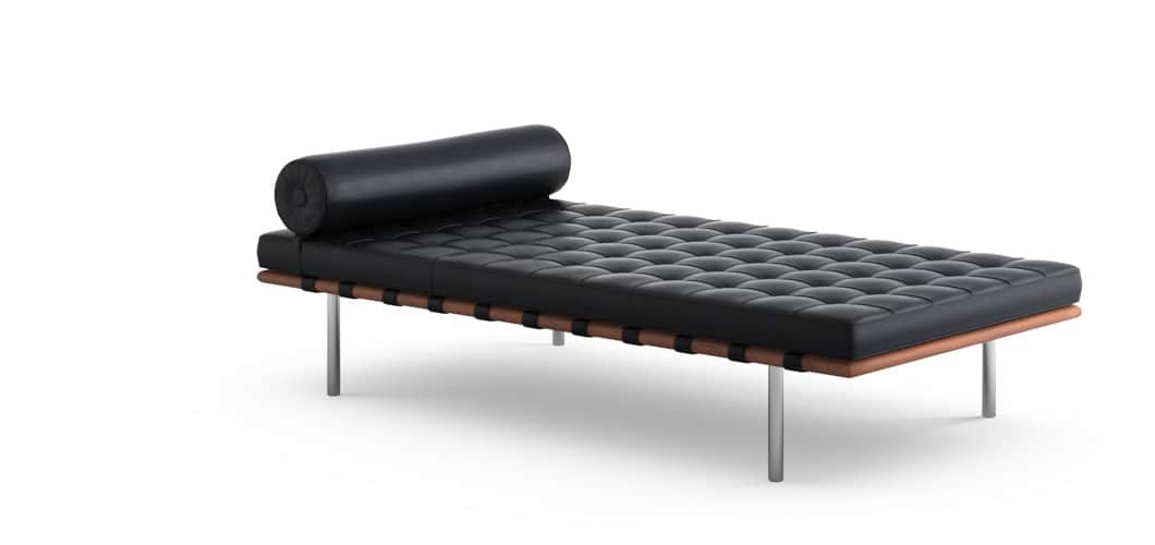 A classic modern daybed featuring black tufted leather upholstery, a cylindrical bolster pillow, and… — 3D model