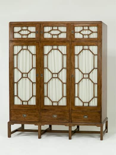 A tall, rectangular, dark wood storage cabinet featuring three vertical sections. Each section inclu… — 3D model