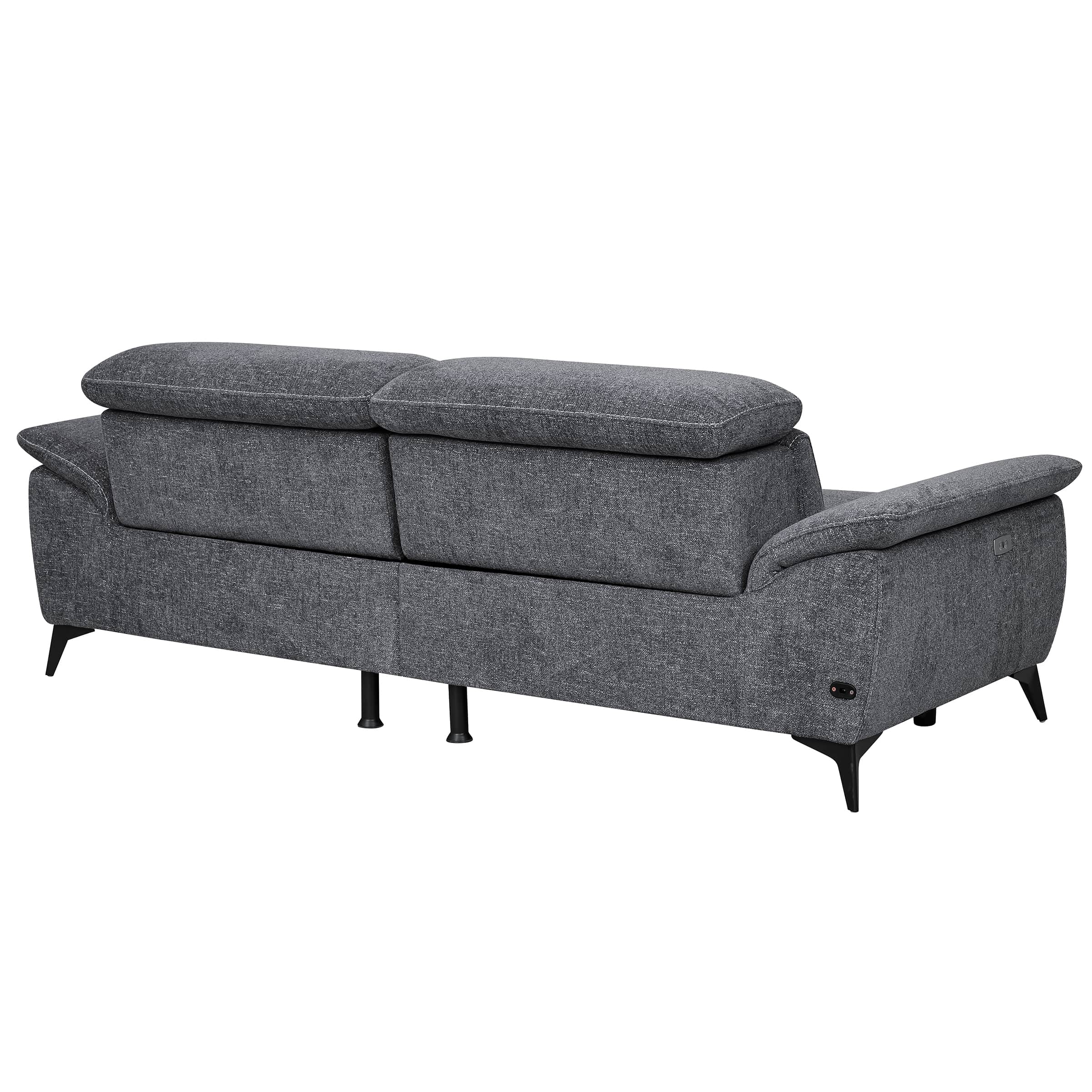 A modern grey fabric sofa with visible stitching, featuring adjustable headrests and black tapered m… — free GLTF 3D model