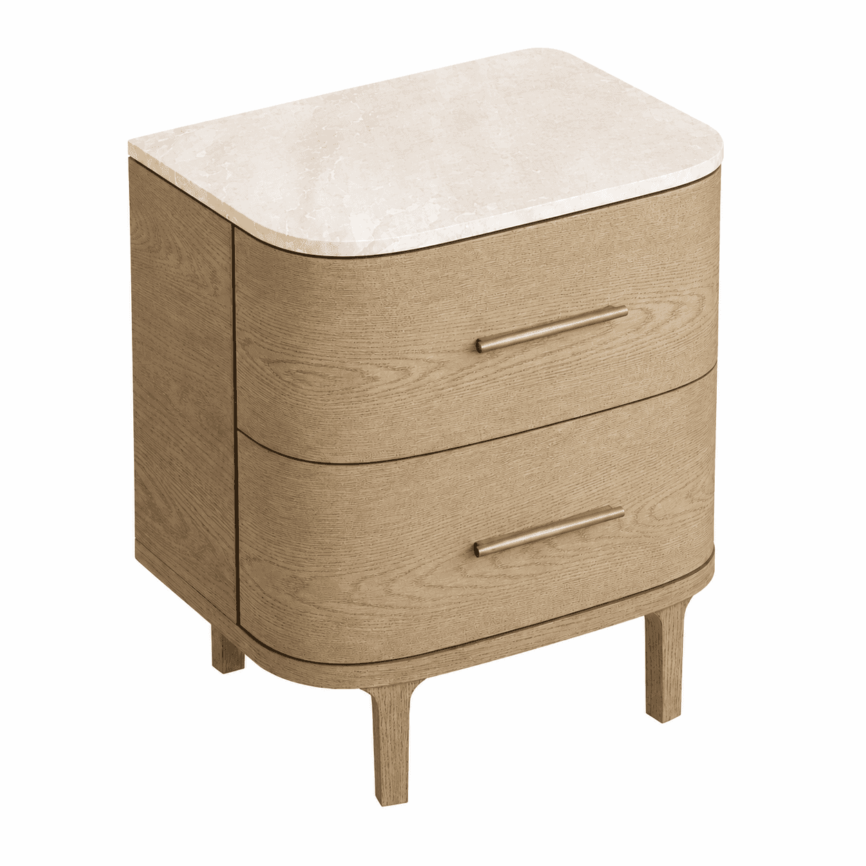 A modern two-drawer nightstand featuring a light-toned marble top and a wooden body with rounded edg… — 3D model