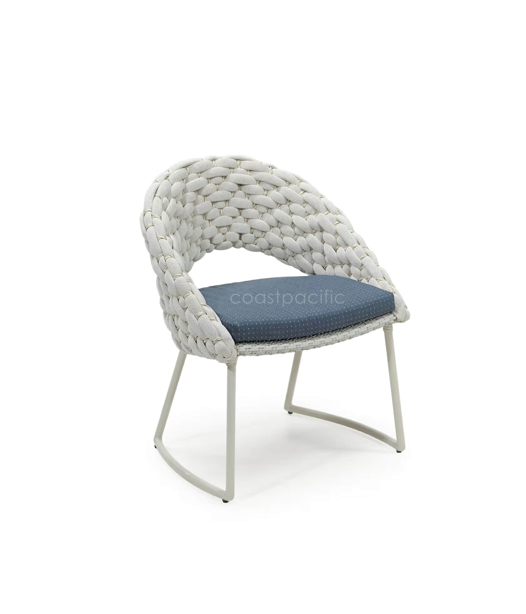 A modern outdoor accent chair featuring a distinctive hand-woven rope body in light grey over a mini… — 3D model