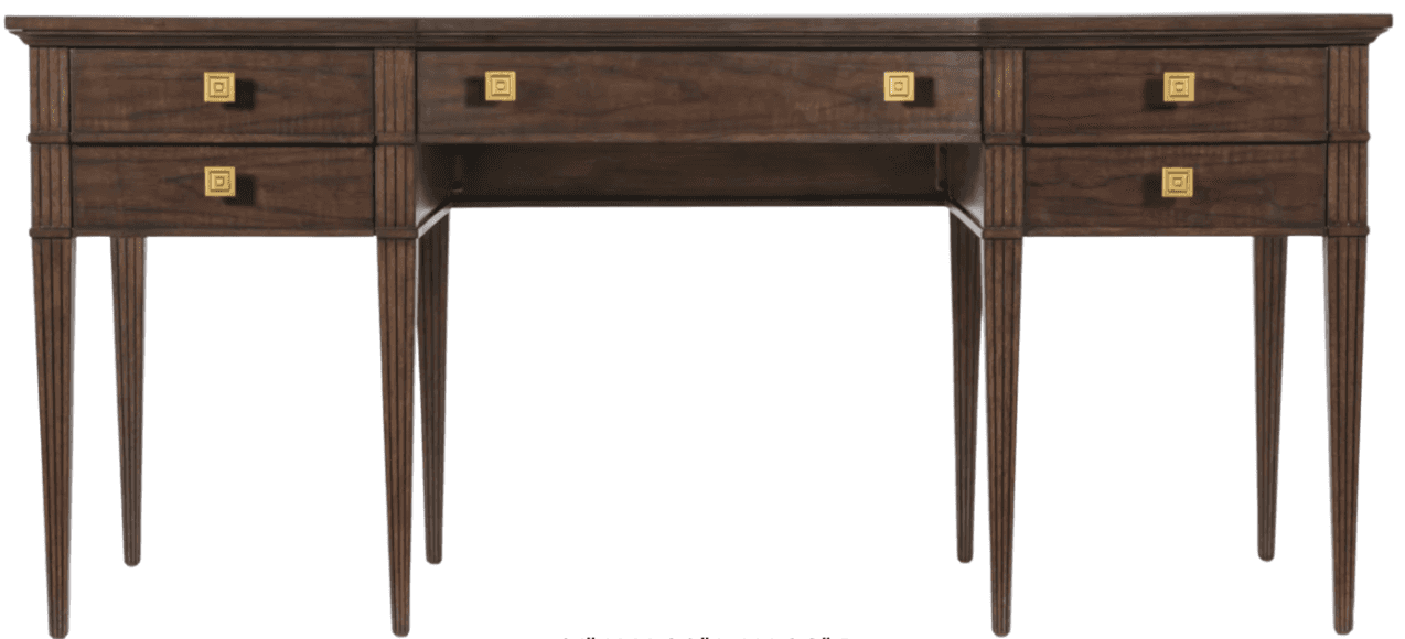 A traditional dark-stained wooden writing desk featuring a rectangular top, multiple drawers, and ta… — 3D model