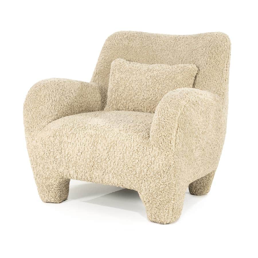 A cream-colored armchair with a rounded silhouette, upholstered in a textured fabric resembling bouc… — 3D model