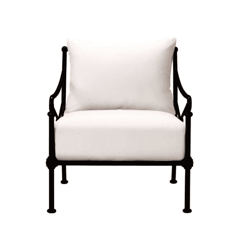 A black metal armchair with white cushions. The frame has ornate curved arms and legs. It appears to… — free OBJ 3D model