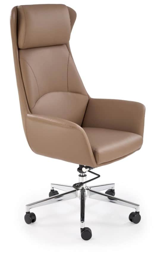 A modern executive office chair upholstered in a smooth, tan-colored material, likely leather or a h… — 3D model