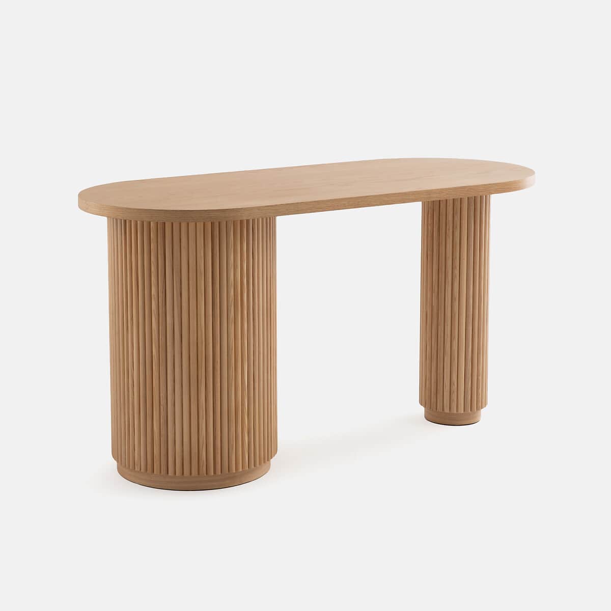 A modern console table with an elongated, oval-shaped tabletop. It features two cylindrical, fluted… — 3D model
