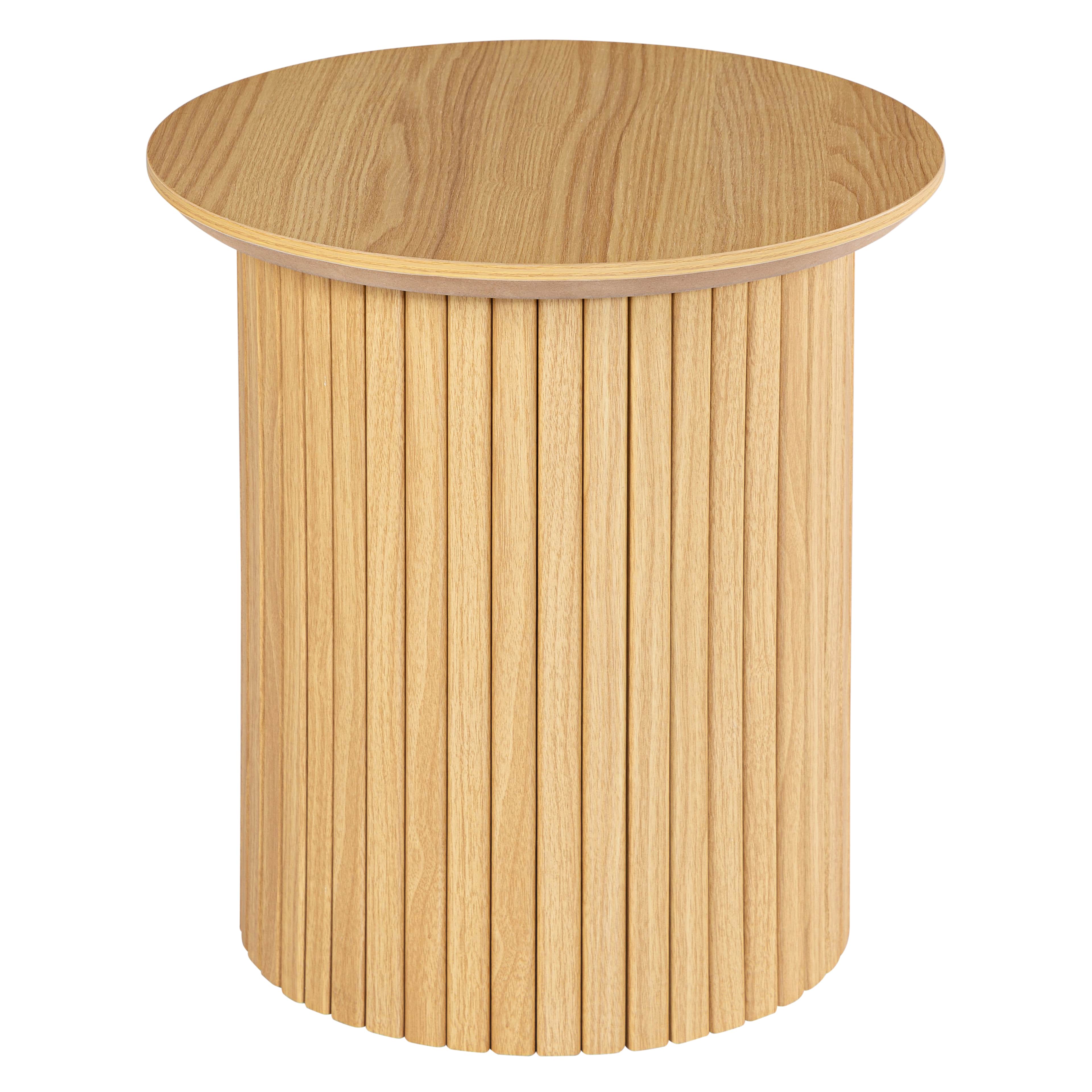 A contemporary round side table crafted from light-toned wood, featuring a cylindrical base composed… — 3D model