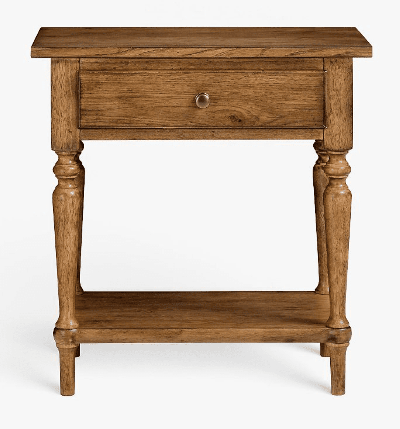 A rustic style wooden nightstand featuring a single drawer and an open lower shelf, supported by fou… — 3D model