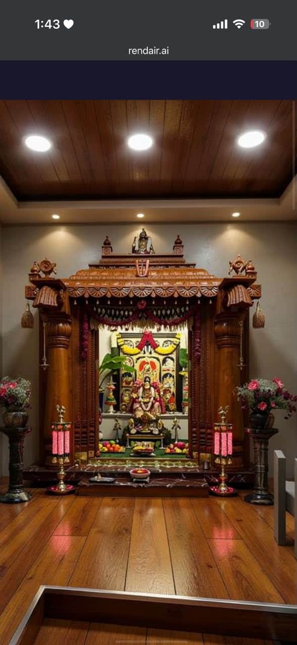 An intricately carved wooden structure designed as a home temple or puja mandir, featuring a tiered… — 3D model