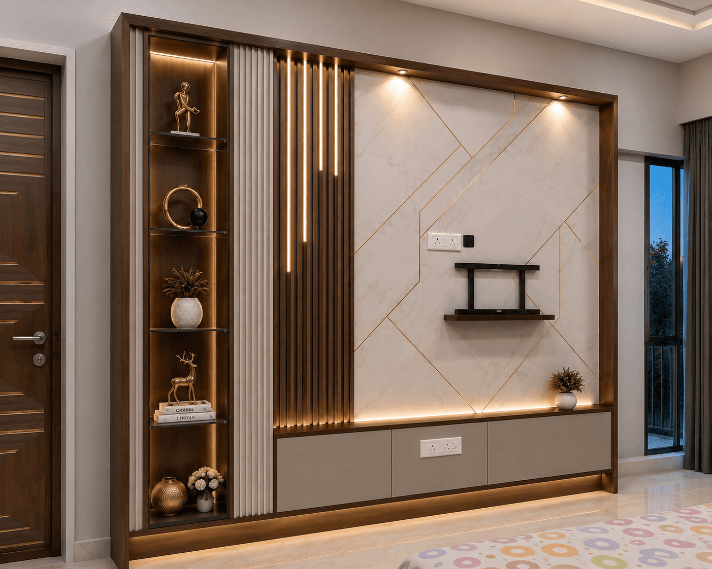 A large, built-in wall unit serving as an entertainment center and display cabinet. It features a ce… — 3D model