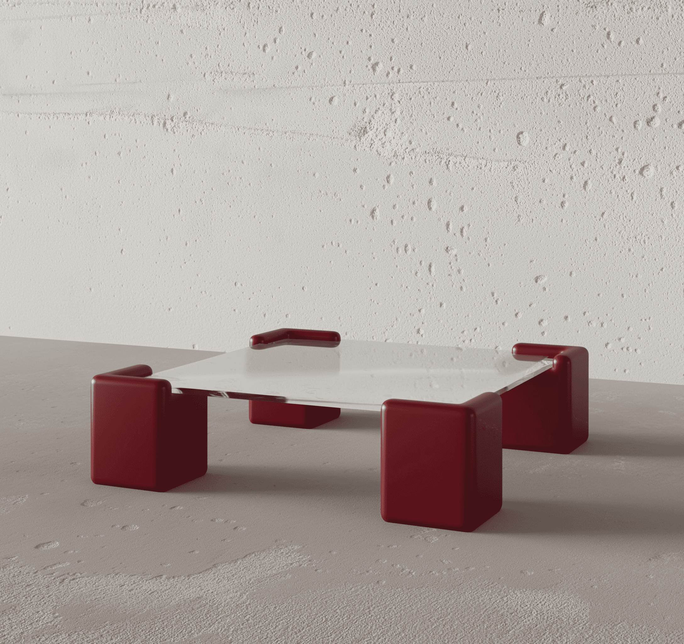 A modern coffee table featuring a clear glass top supported by four distinct, cube-like legs finishe… — free FBX 3D model