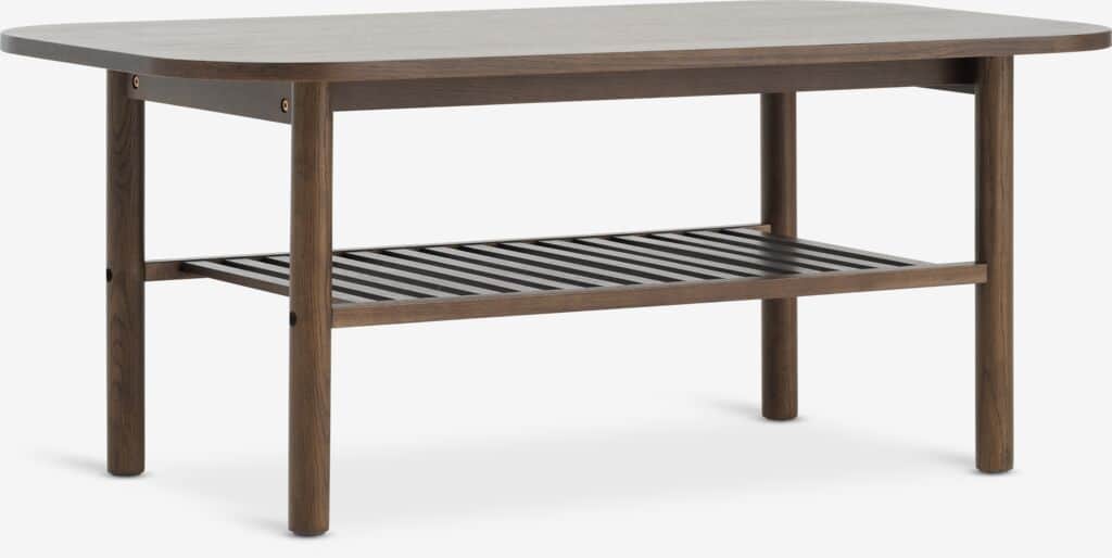 A modern dark wood rectangular coffee table featuring a slatted lower shelf for storage. The table h… — 3D model