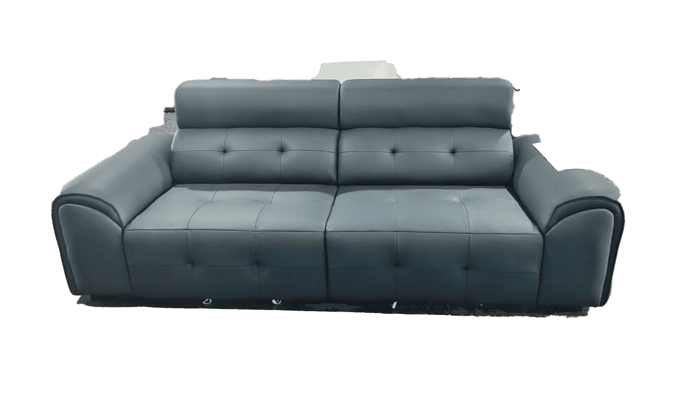 A contemporary dark gray faux leather two-seater sofa featuring tufted cushions, wide armrests, and… — 3D model