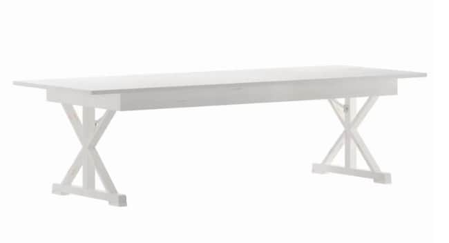 A long, rectangular dining table finished in matte white, featuring a sturdy tabletop and two distin… — 3D model