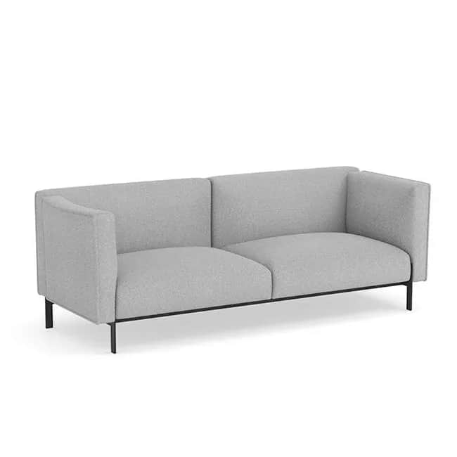 A modern minimalist two-seater loveseat featuring light gray textured fabric upholstery and a slende… — free GLTF 3D model