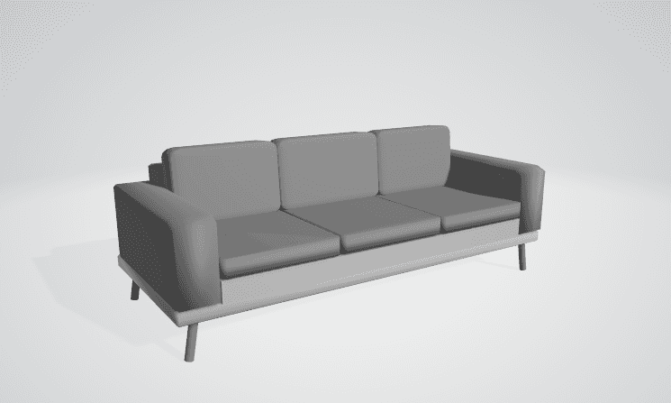A modern three-seater sofa rendered in a neutral grey tone. It features three distinct seat cushions… — free GLTF 3D model