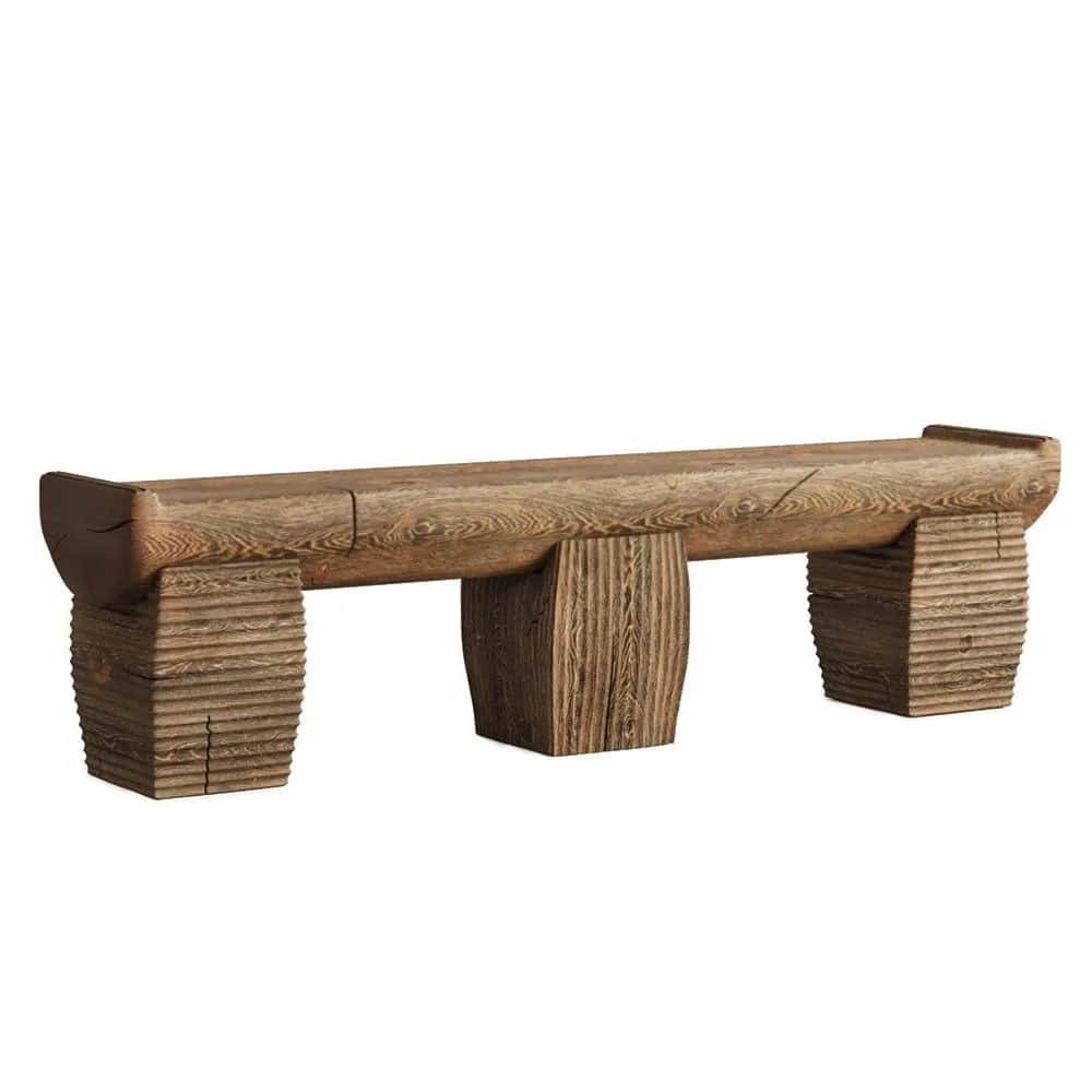 A rustic bench constructed from heavy, natural wood logs. The seat appears to be a single, elongated… — free SKP 3D model