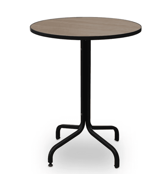 A round bar table featuring a light wood-grain laminate top and a black powder-coated steel pedestal… — free GLTF 3D model