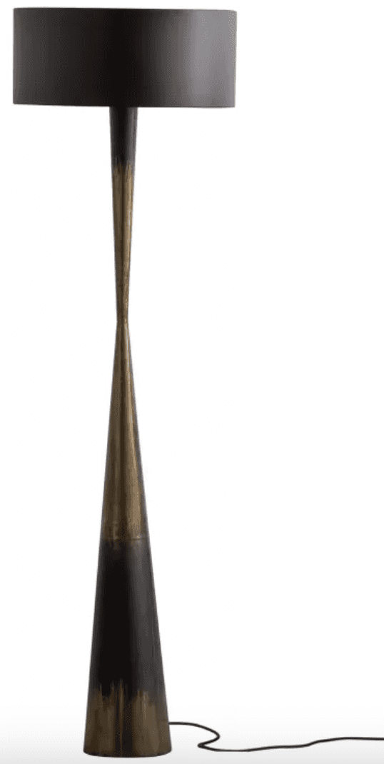A tall, slender floor lamp featuring a sculptural, tapered metal base with a distinctive two-tone pa… — 3D model