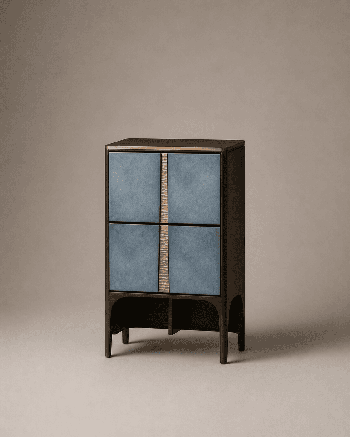 A modern, dark wood cabinet with a distinctive front design featuring four square panels in a textur… — free OBJ 3D model