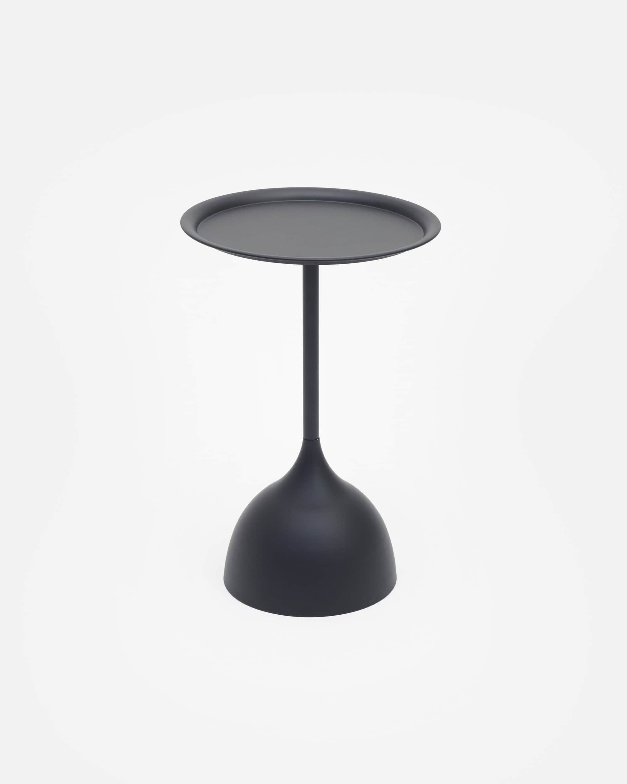 A modern, minimalist drink table in matte black. It features a round, tray-like top with a raised ed… — 3D model