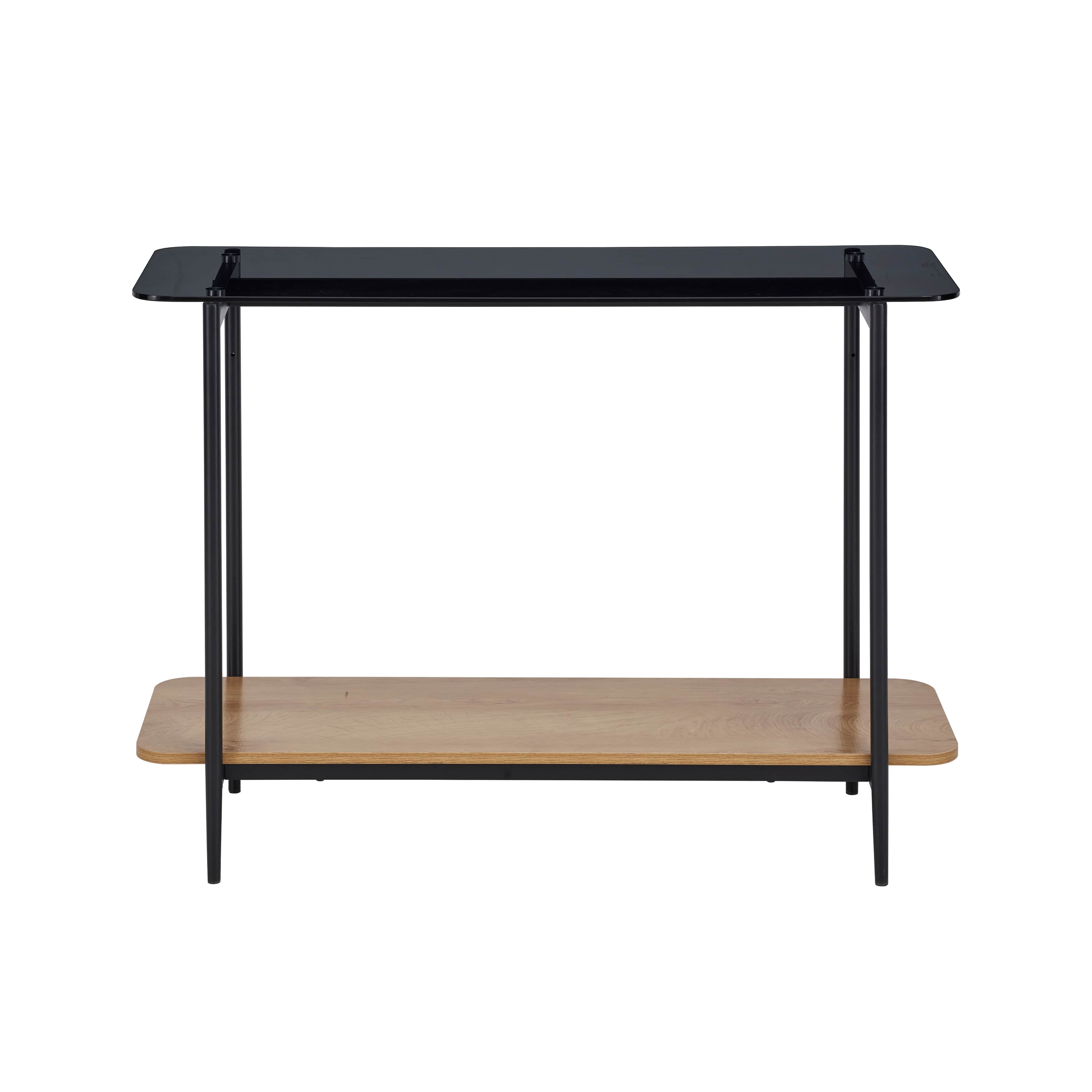 A modern two-tier console table featuring a matte black metal frame. The top shelf is a rectangular… — 3D model