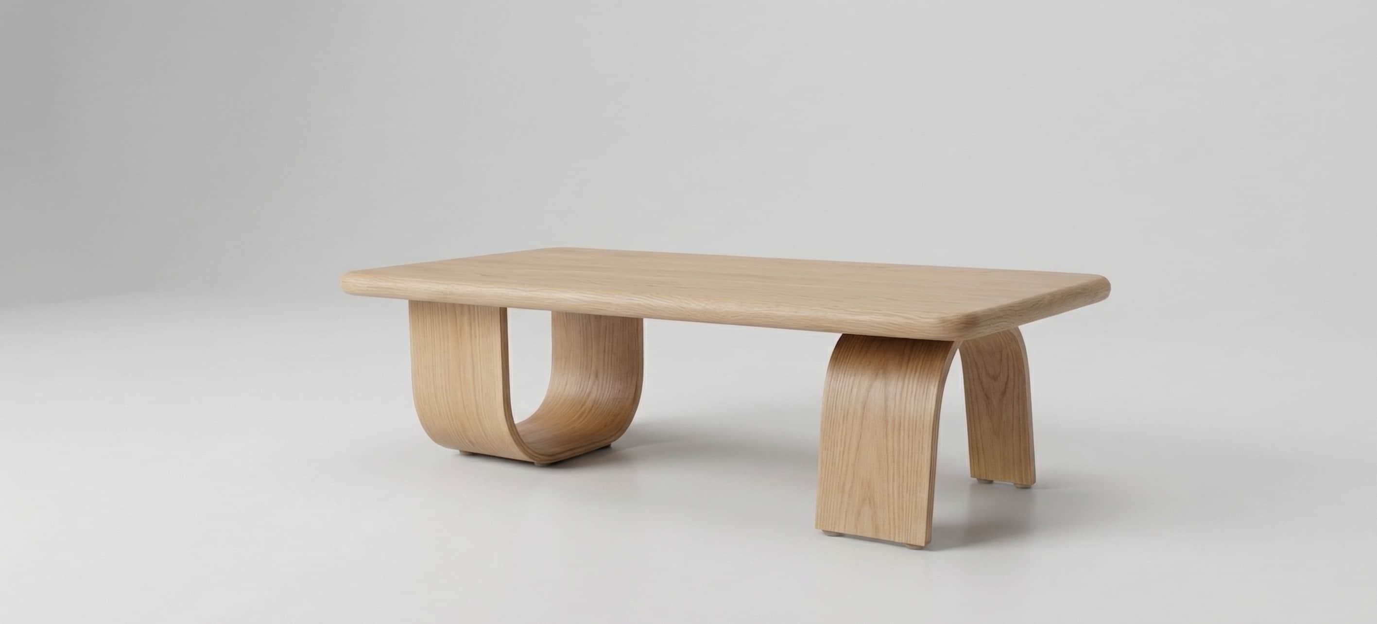 A low-profile, rectangular coffee table with a minimalist design. It features a solid wooden top wit… — 3D model