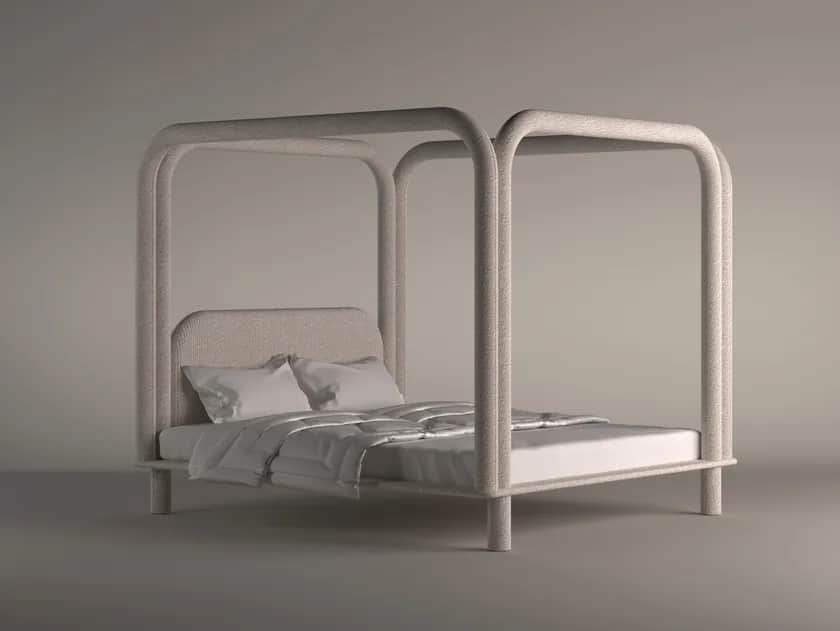 A modern canopy bed with a minimalist design. The frame is constructed with rounded tubular elements… — 3D model