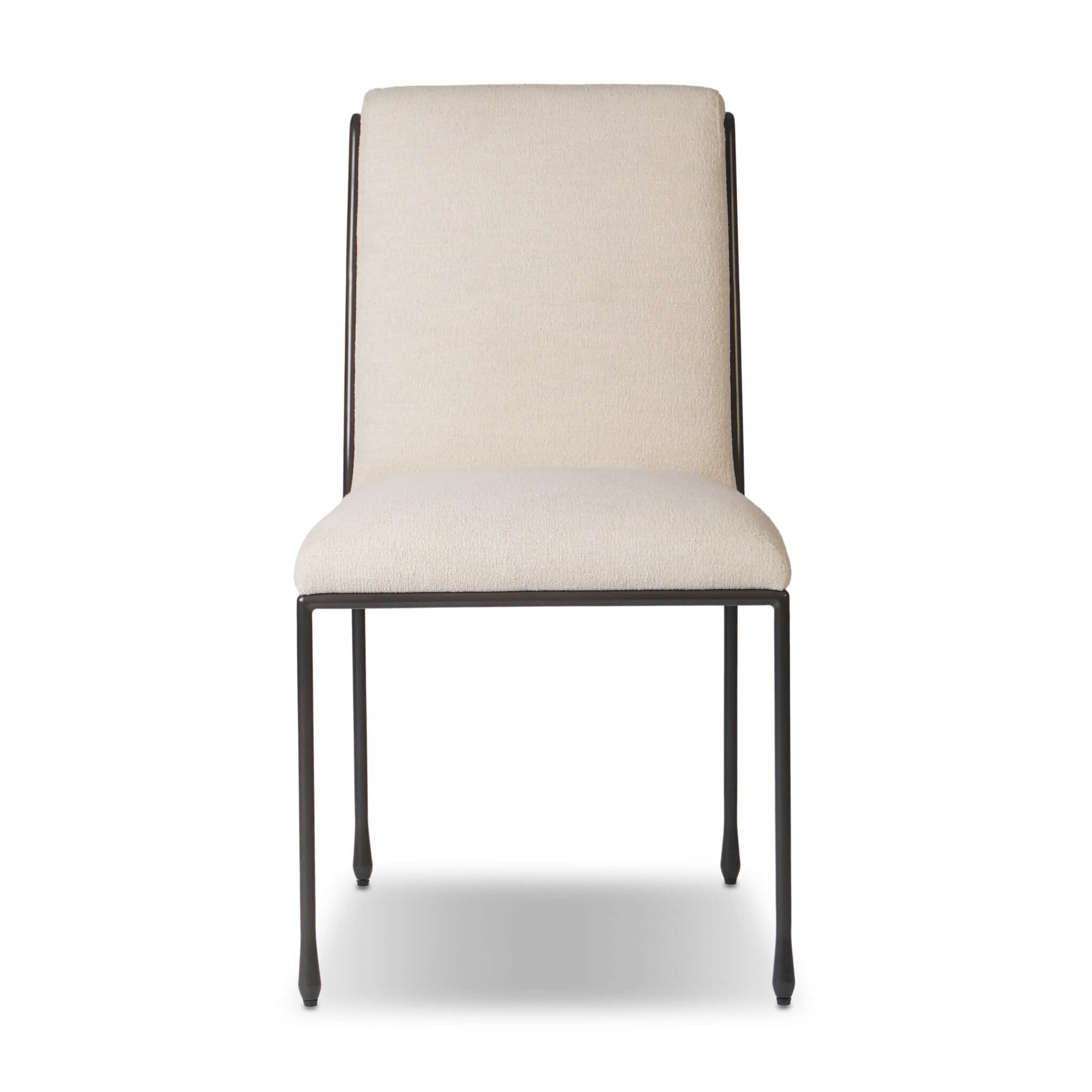 An armless dining chair featuring a minimalist dark metal frame and light beige upholstered seat and… — 3D model