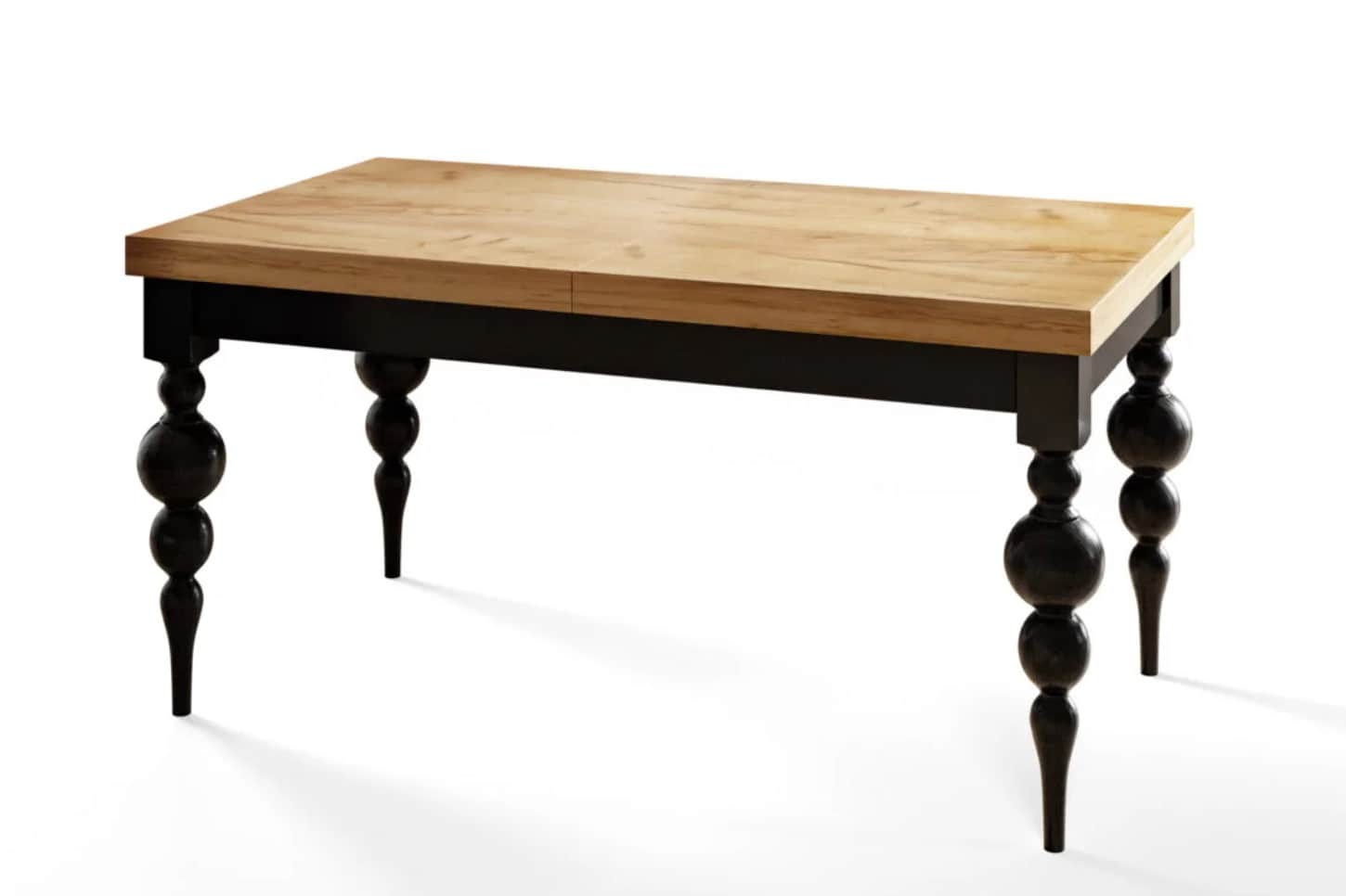 A rectangular dining table featuring a natural wood top and black-painted, elaborately turned legs,… — 3D model