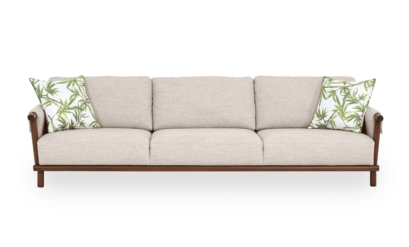 A three-seater sofa featuring a light beige fabric upholstery and an exposed dark-stained wooden fra… — 3D model