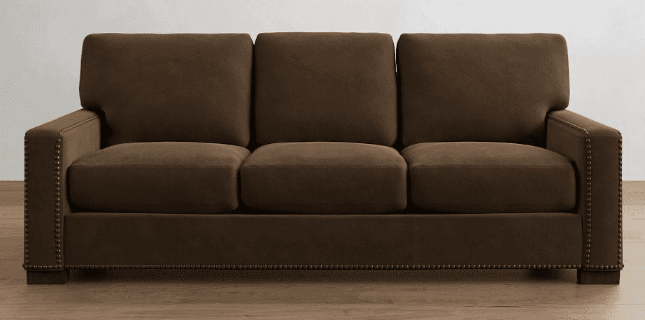 A three-seater sofa upholstered in a dark brown fabric with a suede-like texture. It features square… — free GLTF 3D model
