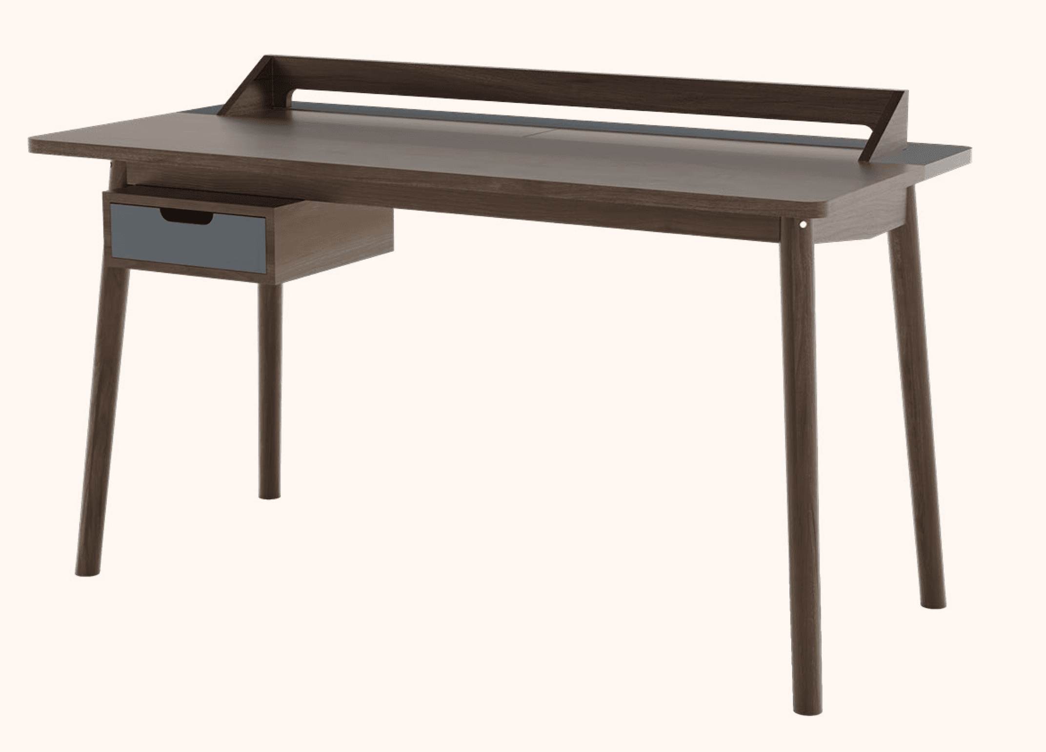 A modern wooden desk with a dark wood finish on the main structure and legs. It features a single gr… — 3D model