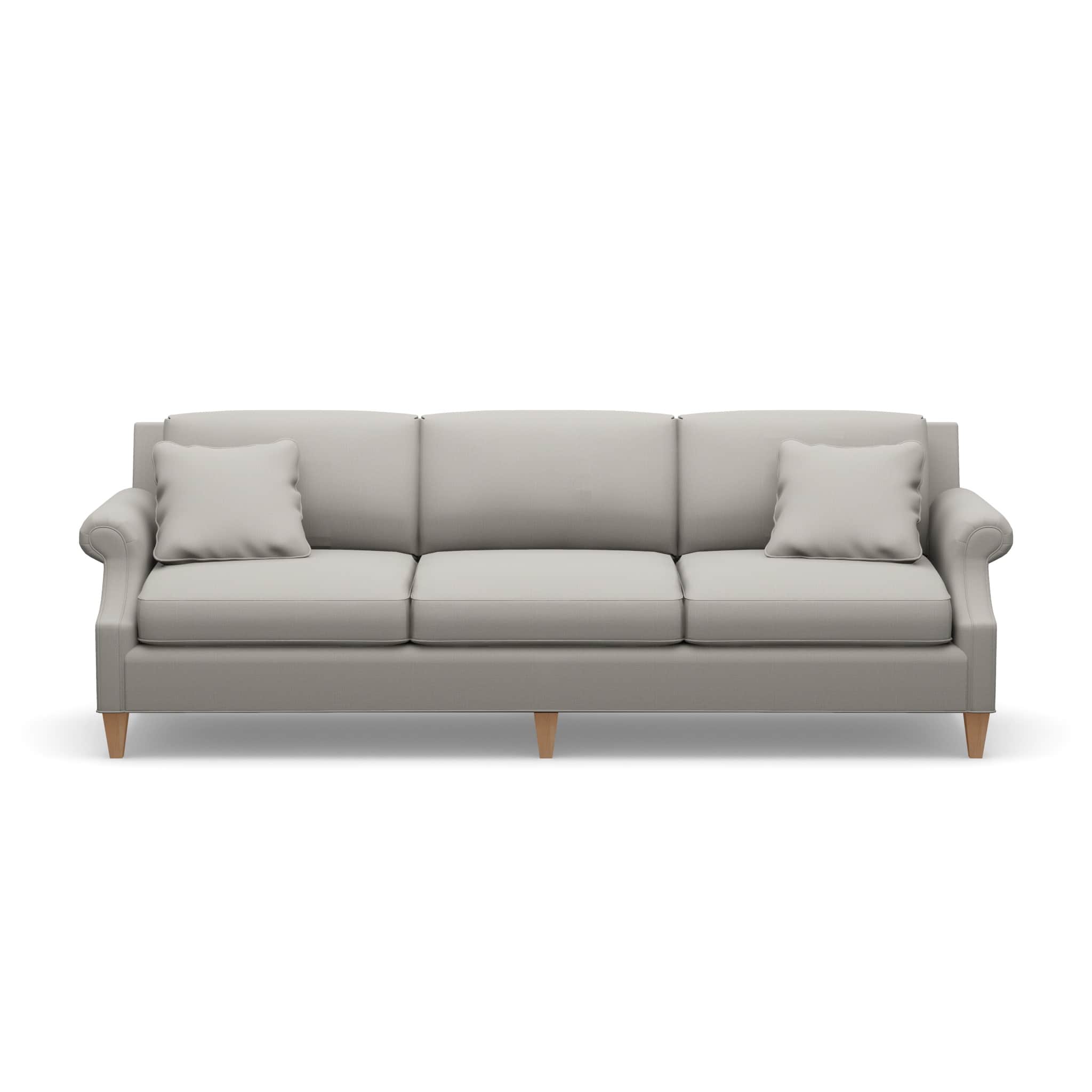 A three-seater sofa with a light gray upholstered body. It features plush seat cushions and back cus… — 3D model