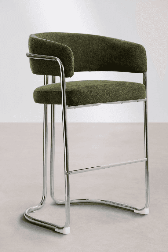 A tall bar stool featuring a bent tubular chrome frame and upholstered seat and backrest. The frame… — 3D model