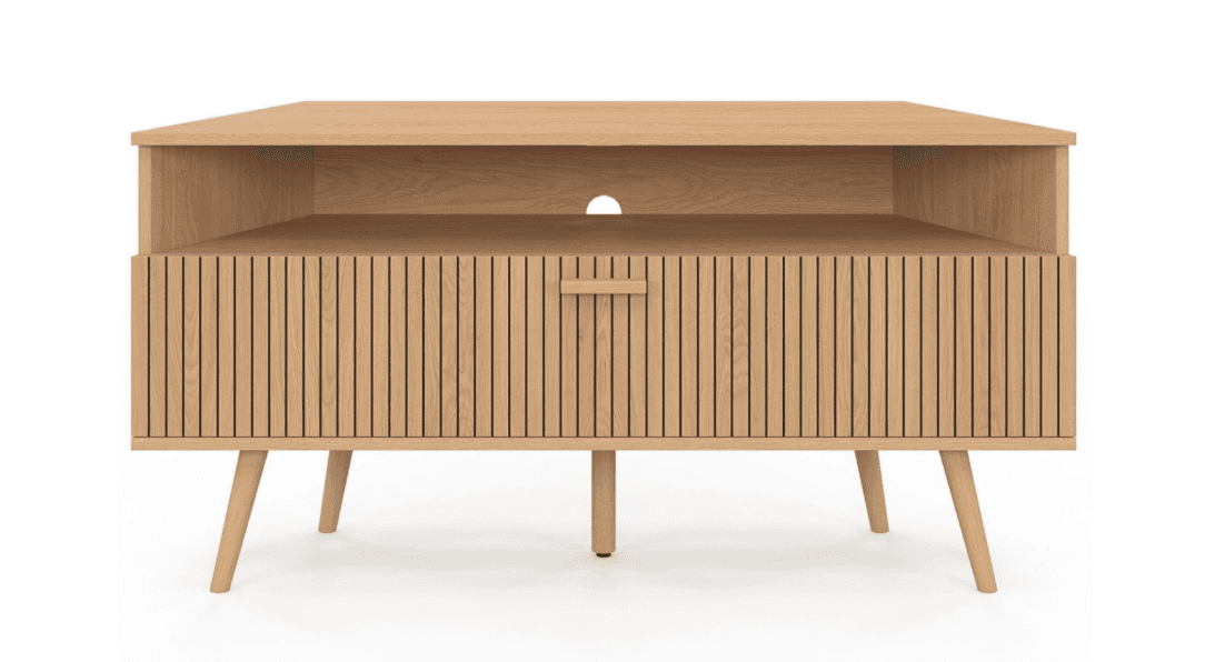 A modern, low-profile TV stand constructed from light-colored wood. It features a open shelving unit… — 3D model