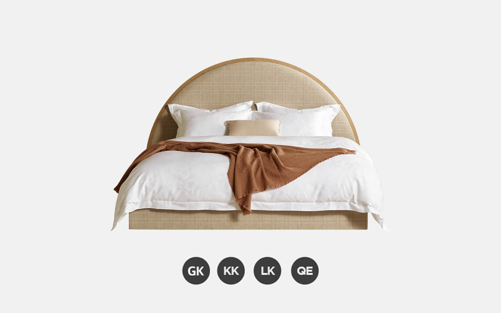 A contemporary bed featuring a distinctive arched headboard constructed with a natural wood frame an… — 3D model