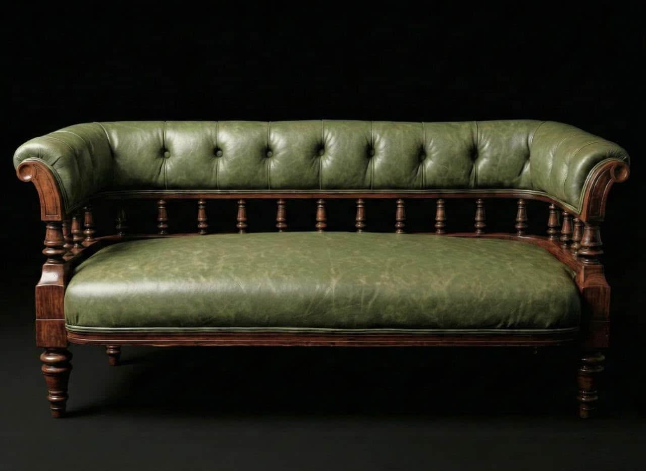 A traditional Victorian-style settee featuring dark green tufted leather upholstery and a robust dar… — 3D model