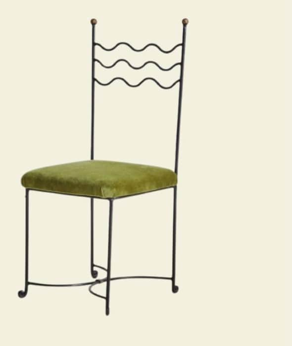 An ornate side chair featuring a black wrought iron frame, an upholstered olive green velvet seat, a… — free GLTF 3D model