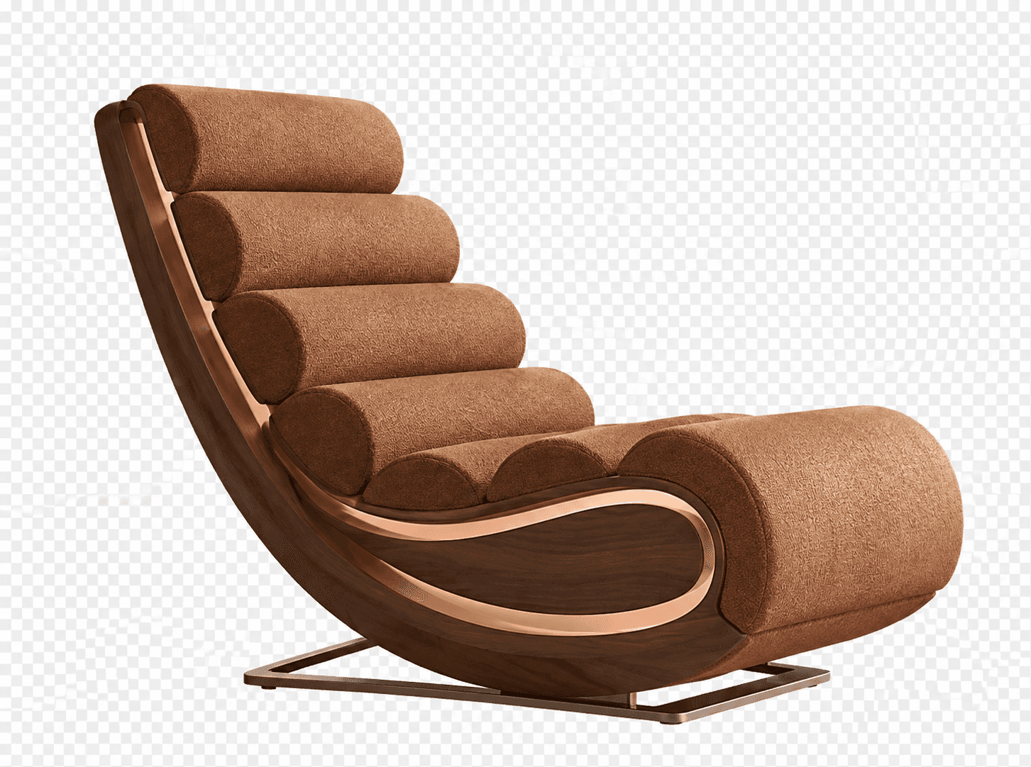 A modern and sculptural chaise lounge featuring a dark wooden frame, segmented cylindrical cushions… — 3D model