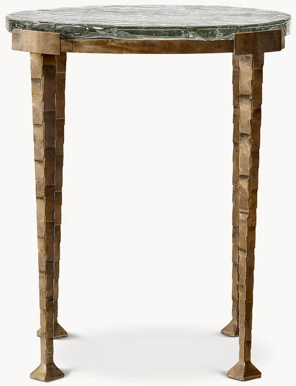 A compact, round accent table featuring a thick, heavily textured fused glass top supported by a fou… — 3D model