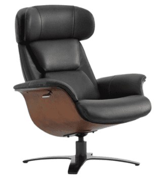 A contemporary black leather swivel lounge chair with a dark wood shell base and a black metal four-… — 3D model
