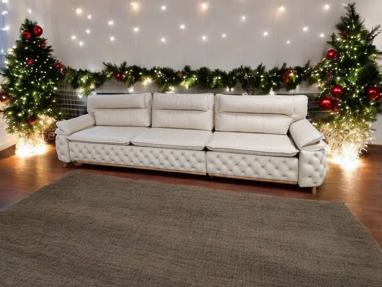 A contemporary three-seater sofa upholstered in a light beige fabric. It features deep button tuftin… — 3D model